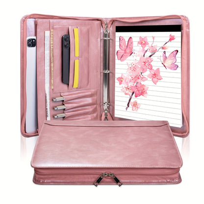 Classeur à anneaux avec fermeture éclair en cuir vegan, format A4, avec pochette pour ordinateur portable, organisateur de travail pour femmes et hommes