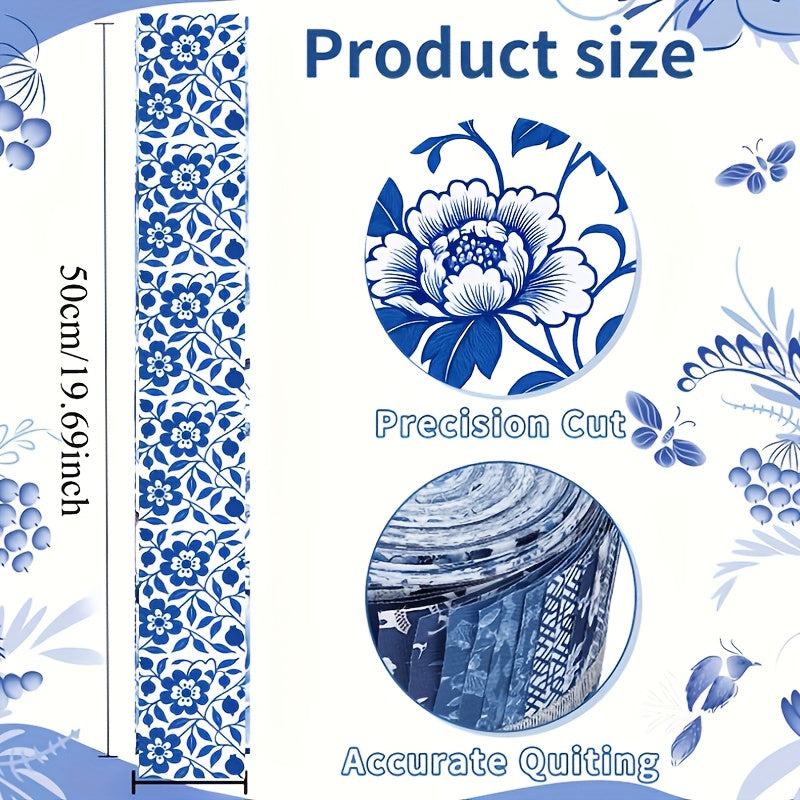 Lot de 40 bandes de tissu à quilter « Jelly Roll » style chinoiserie bleu et blanc - Tissu patchwork à motif floral en porcelaine prédécoupé pour le quilting, la couture et les loisirs créatifs, bandes de tissu en coton de 6,35 cm x 111,76 cm