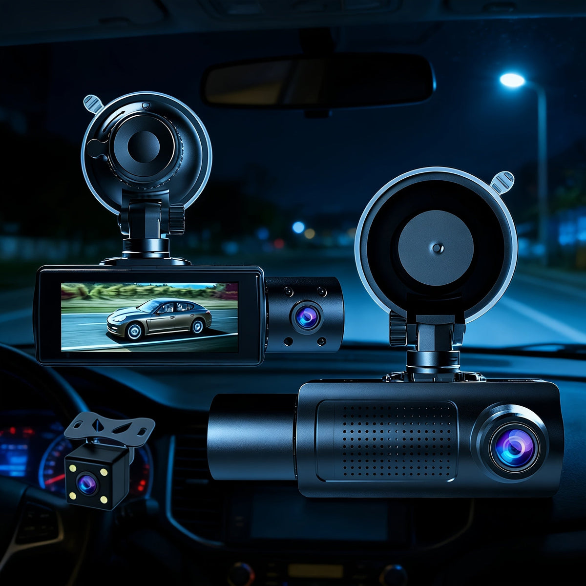 Dashcam 3 canaux avec vision nocturne infrarouge et application smartphone – Caméra avant, arrière et intérieure avec enregistrement en boucle, objectif grand angle, carte mémoire 64 Go/512 Go en option pour voitures, camions et covoiturage