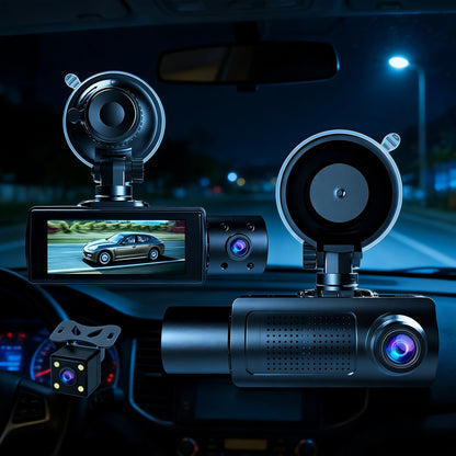 Dashcam 3 canaux avec vision nocturne infrarouge et application smartphone – Caméra avant, arrière et intérieure avec enregistrement en boucle, objectif grand angle, carte mémoire 64 Go/512 Go en option pour voitures, camions et covoiturage