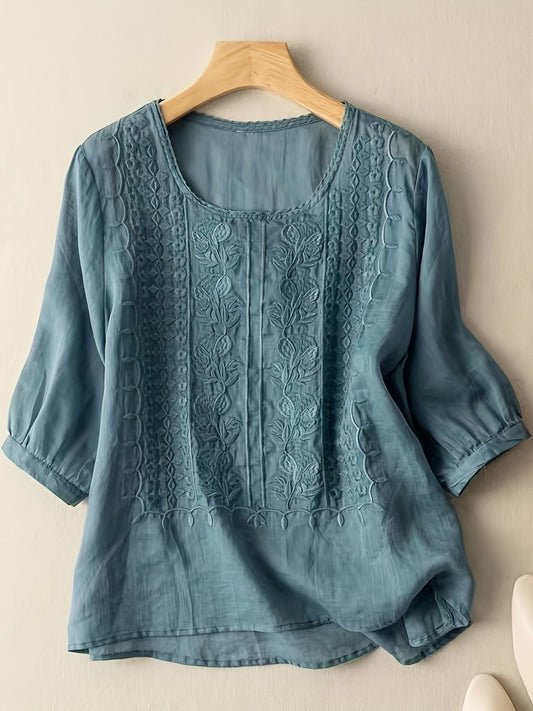Women's Embroidered Floral T-Shirt Casual Short Sleeve Crew Neck Soft Cotton Tee 4 Colors White Green Yellow Khaki S-XXL