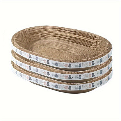 Oval Cat Scratching Board & Lounge Bed – 3-Pack Durable Cardboard Cat Scratcher with Resting Area, 3 Sizes S/M/L for Indoor Cats & Kittens, Space-Saving Flat Design