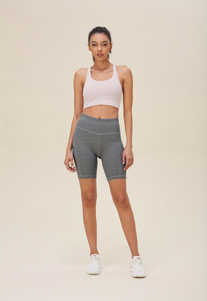Shorts de yoga taille haute pour femmes, lot de 4, effet push-up, 5 poches – Shorts de sport respirants, extensibles et sans couture pour l'été, le yoga, le Pilates et l'entraînement en salle (Rouge, Noir, Gris, Bleu marine)