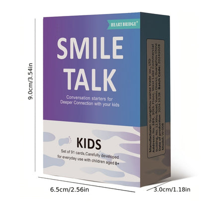 Jeu de cartes de conversation parent-enfant Smile Talk - 91 cartes avec 90 amorces de conversation significatives pour stimuler la pensée créative et les liens familiaux, activité amusante pour une soirée en famille, cadeau d'anniversaire et de vacances