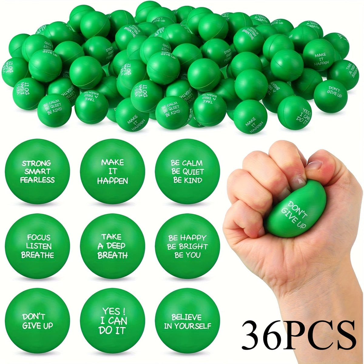 Lot de 18 ou 36 mini balles anti-stress avec citations motivantes de 4 cm, jouets à presser pour récompenses scolaires, cadeaux de fête, Pâques, printemps, rentrée des classes ou cadeaux d'équipe de bureau, rose, rouge, bleu, vert, jaune