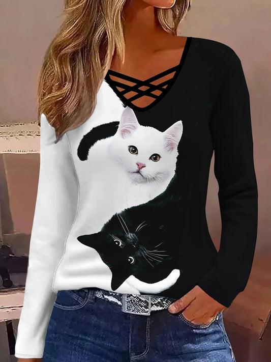 T-shirt femme manches longues imprimé chat col en V noir blanc élégant haut graphique mode décontracté joli t-shirt à motif animal S M L XL XXL