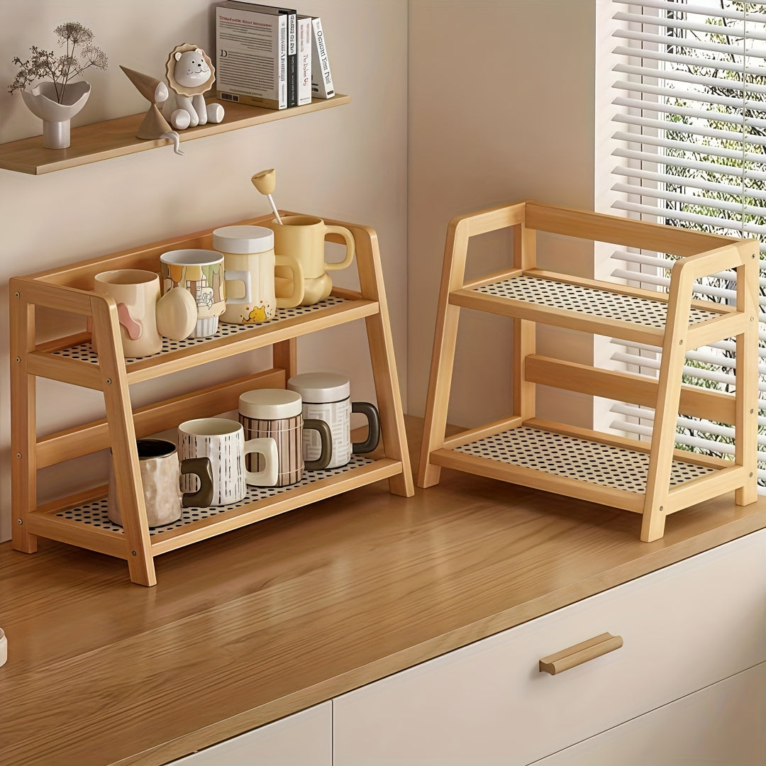 Étagère de comptoir en bois à 2 niveaux, design trapézoïdal vintage, organisateur de bureau en bambou pour cuisine, bureau, chambre, étagère de comptoir gain de place pour tasses à café, livres, décoration – Lot de 1 ou 2, grand et moyen