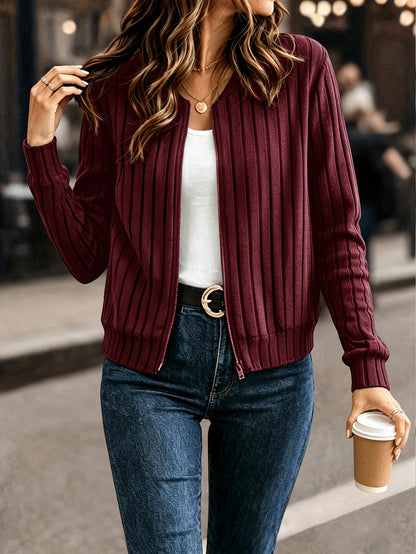 Women's Solid Color Ribbed Zip-Up Long Sleeve Jacket Coat – Elegant Casual Commuter Outerwear Fall Winter Knit Top