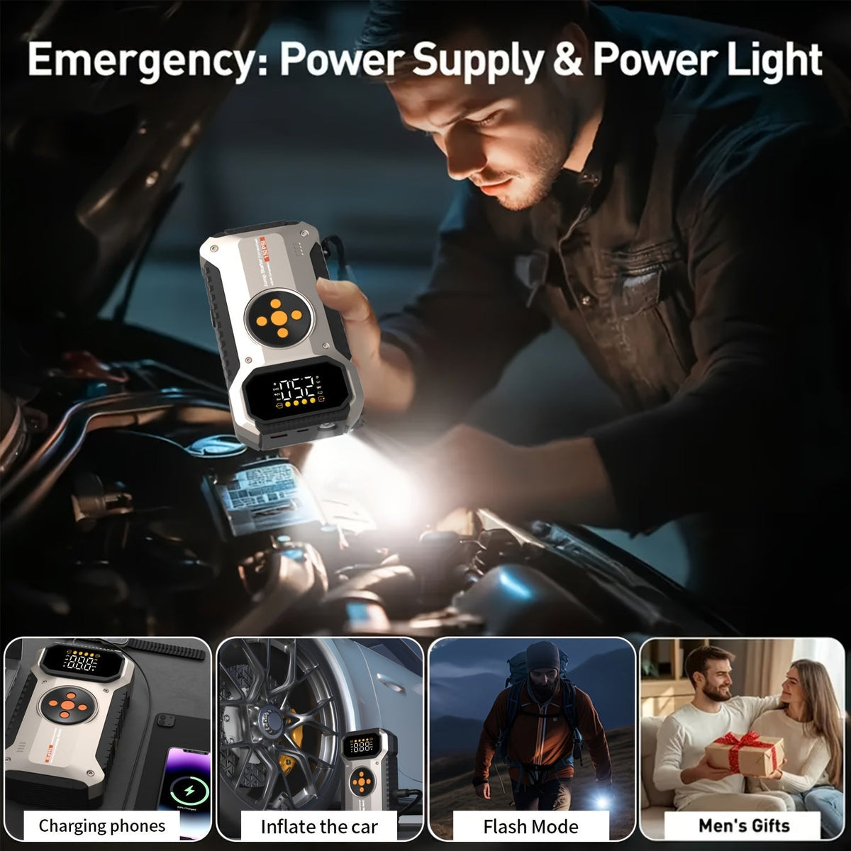 Démarreur de voiture 5000A avec compresseur d'air 150 PSI – Batterie de secours portable 12000 mAh, gonfleur de pneu numérique, USB-C et USB-A, lampe de secours LED pour moteurs essence et diesel 12V