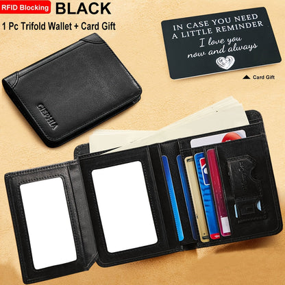 Portefeuille pour homme en cuir véritable avec protection RFID, trois volets, cuir de vachette vintage, porte-cartes de crédit, 2 fenêtres pour carte d'identité, pince à billets, emplacements pour espèces, cadeau de fête des pères pour papa ou mari