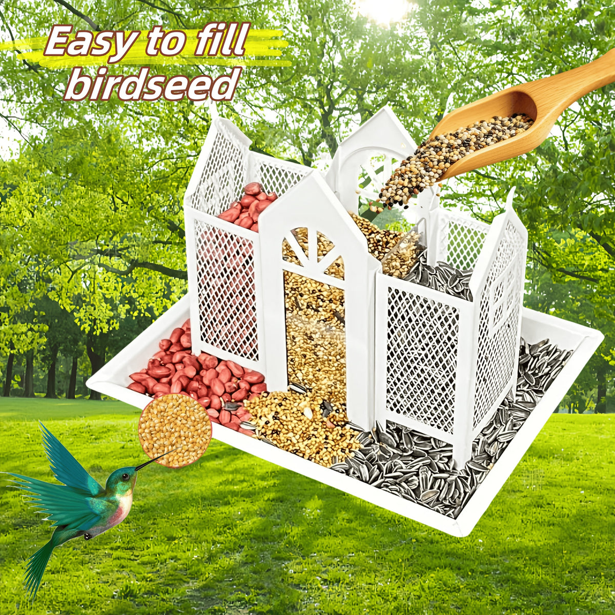 Mangeoire à oiseaux sauvage résistante aux écureuils pour extérieur – Mangeoire suspendue à grande capacité en maille métallique à 3 compartiments, résistante aux intempéries, pour cardinaux, pinsons et oiseaux de jardin, plusieurs couleurs