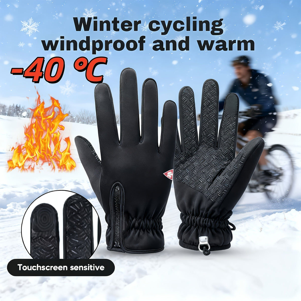 Gants thermiques d'hiver doublés en polaire, coupe-vent, compatibles écran tactile, fermeture éclair, gants doux et chauds pour hommes et femmes, noirs, pour temps froid, conduite, course, cyclisme, randonnée, usage quotidien