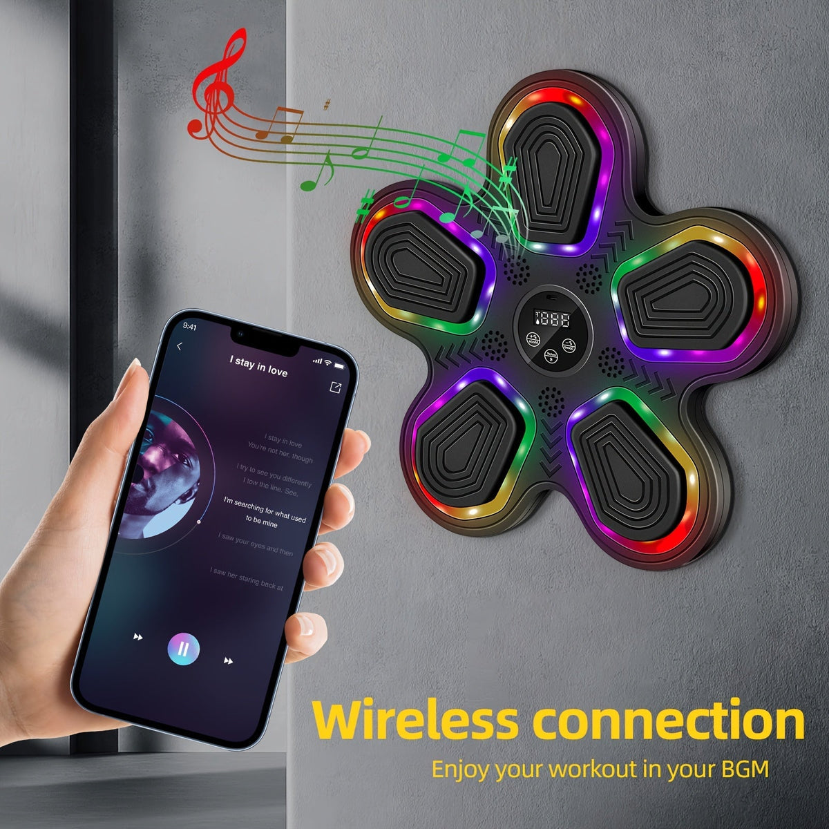 Machine de boxe musicale intelligente avec gants – Montage mural, éclairage rythmique LED, Bluetooth, 9 modes de vitesse, compteur de coups LED intelligent, cadeau de fitness pour salle de sport à domicile pour adultes et adolescents