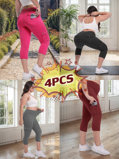 Lot de 4 pantalons de yoga Capri taille haute pour femmes, extensible dans les 4 sens, galbant, gainant, 4 poches - Leggings de sport pour la course, S-XXL, toutes saisons