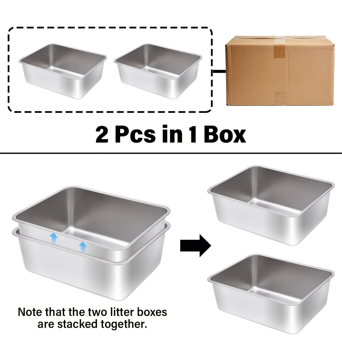 Bac à litière en acier inoxydable XL – Lot de 2 bacs en métal extra larges, bords hauts de 15 cm, facile à nettoyer, résistant aux odeurs, pour grands chats et foyers multi-chats, design rectangulaire adapté aux coins