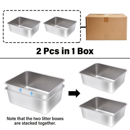 Bac à litière en acier inoxydable XL – Lot de 2 bacs en métal extra larges, bords hauts de 15 cm, facile à nettoyer, résistant aux odeurs, pour grands chats et foyers multi-chats, design rectangulaire adapté aux coins