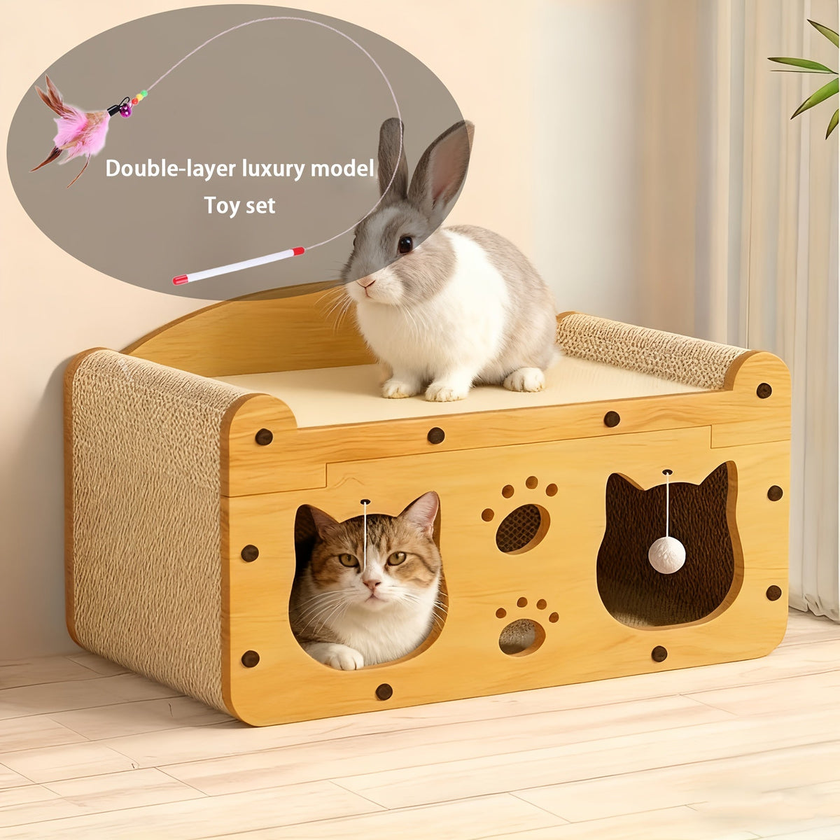 Maison à griffer en carton pour chat – Abri et couchage durables avec jouet plumeau, griffoir d'intérieur ventilé, disponible en tailles 17,7" et 22"