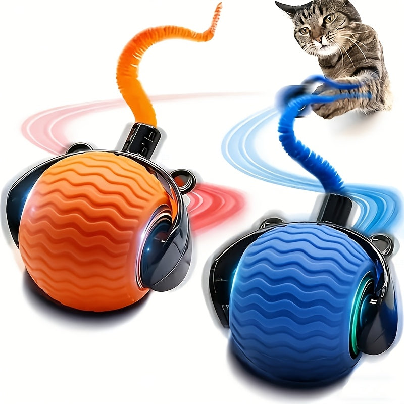 Jouet pour chat à balle roulante automatique, interactif à 360 degrés avec queue, double réglage de vitesse, anti-ennui pour chats d'intérieur, bleu orange
