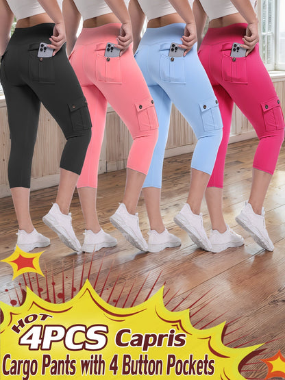 Lot de 4 pantalons de yoga Capri taille haute pour femmes, extensible dans les 4 sens, galbant, gainant, 4 poches - Leggings de sport pour la course, S-XXL, toutes saisons
