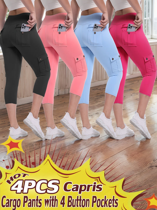 Women's High Waist Yoga Capri Pants 4-Pack 4-Way Stretch Butt Lifting Tummy Control 4 Pockets - Workout Running Sports Leggings S-XXL All Season