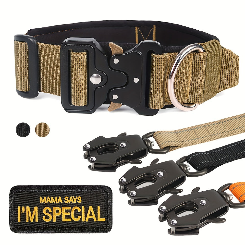 Ensemble collier tactique pour chien et laisse élastique robuste pour chiens de taille moyenne à grande - Collier en nylon avec boucle métallique haute résistance, laisse élastique extensible, équipement de dressage et de promenade en extérieur