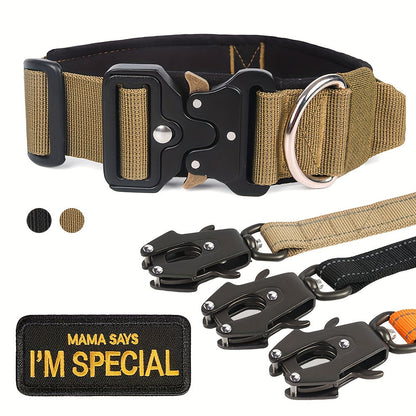 Ensemble collier tactique pour chien et laisse élastique robuste pour chiens de taille moyenne à grande - Collier en nylon avec boucle métallique haute résistance, laisse élastique extensible, équipement de dressage et de promenade en extérieur