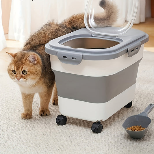 Grand contenant hermétique pour nourriture pour animaux avec roulettes – Bac scellé résistant à l'humidité et aux insectes avec tasse à mesurer et design pliable pour nourriture sèche pour chiens et chats, blanc cassé, vert, rose