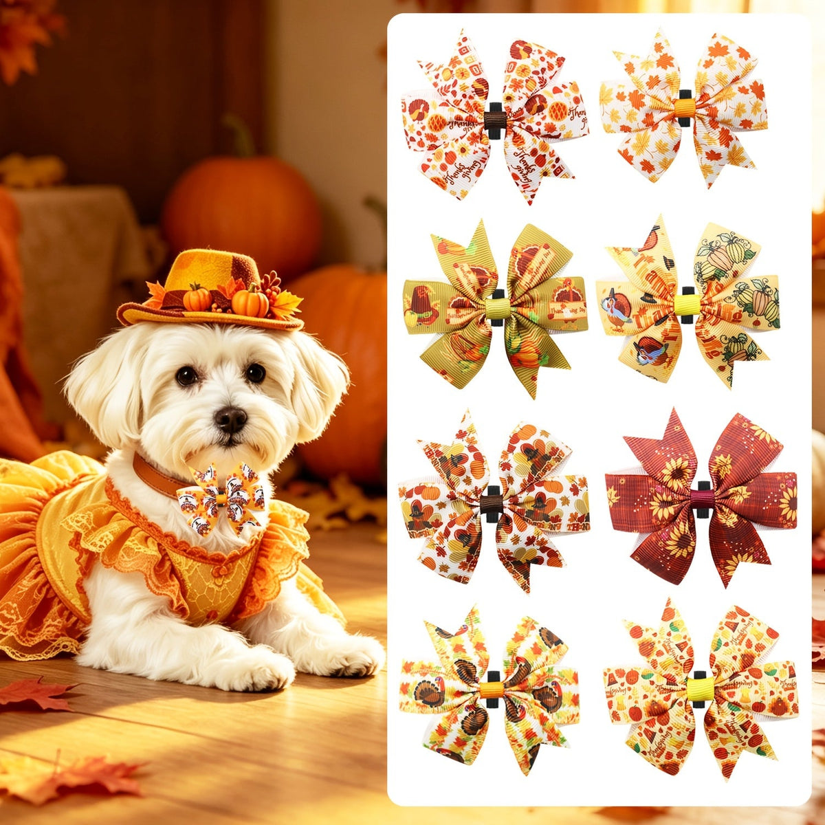 Lot de 60 nœuds papillon de Thanksgiving pour collier de chien - Motifs feuilles d'automne et dindes, accessoires de toilettage amovibles pour chiens, accessoires de fête à faire soi-même pour salons de toilettage et usage domestique, taille unique.