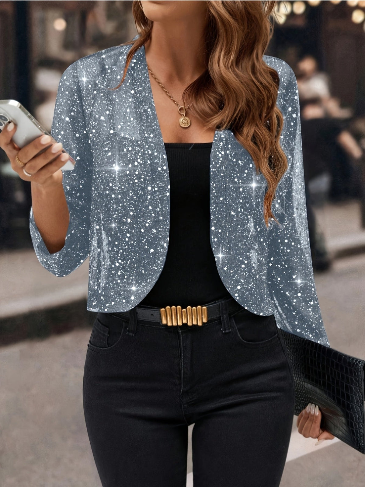 Gilet court à paillettes pour femme – Blazer décontracté à manches 3/4 plissé doré métallisé pour le travail ou les soirées