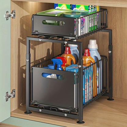 Under Sink Organizer 2-Tier Pull-Out Cabinet Shelf with Adjustable Height, Sturdy Carbon Steel Kitchen Storage Rack, Space-Saving Bathroom & Pantry Cabinet Organizer for Kitchen Organization