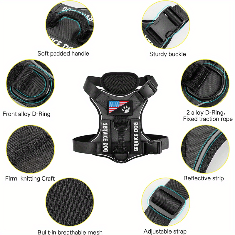 Harnais anti-traction pour chien avec gilet réfléchissant et 5 écussons – Harnais de service réglable en maille Oxford souple, avec attaches avant et arrière pour chiens de petite, moyenne et grande taille, de XS à XL