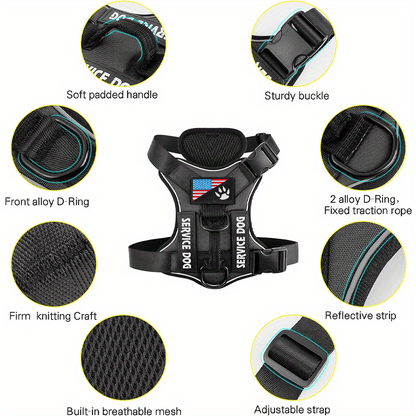 Harnais anti-traction pour chien avec gilet réfléchissant et 5 écussons – Harnais de service réglable en maille Oxford souple, avec attaches avant et arrière pour chiens de petite, moyenne et grande taille, de XS à XL