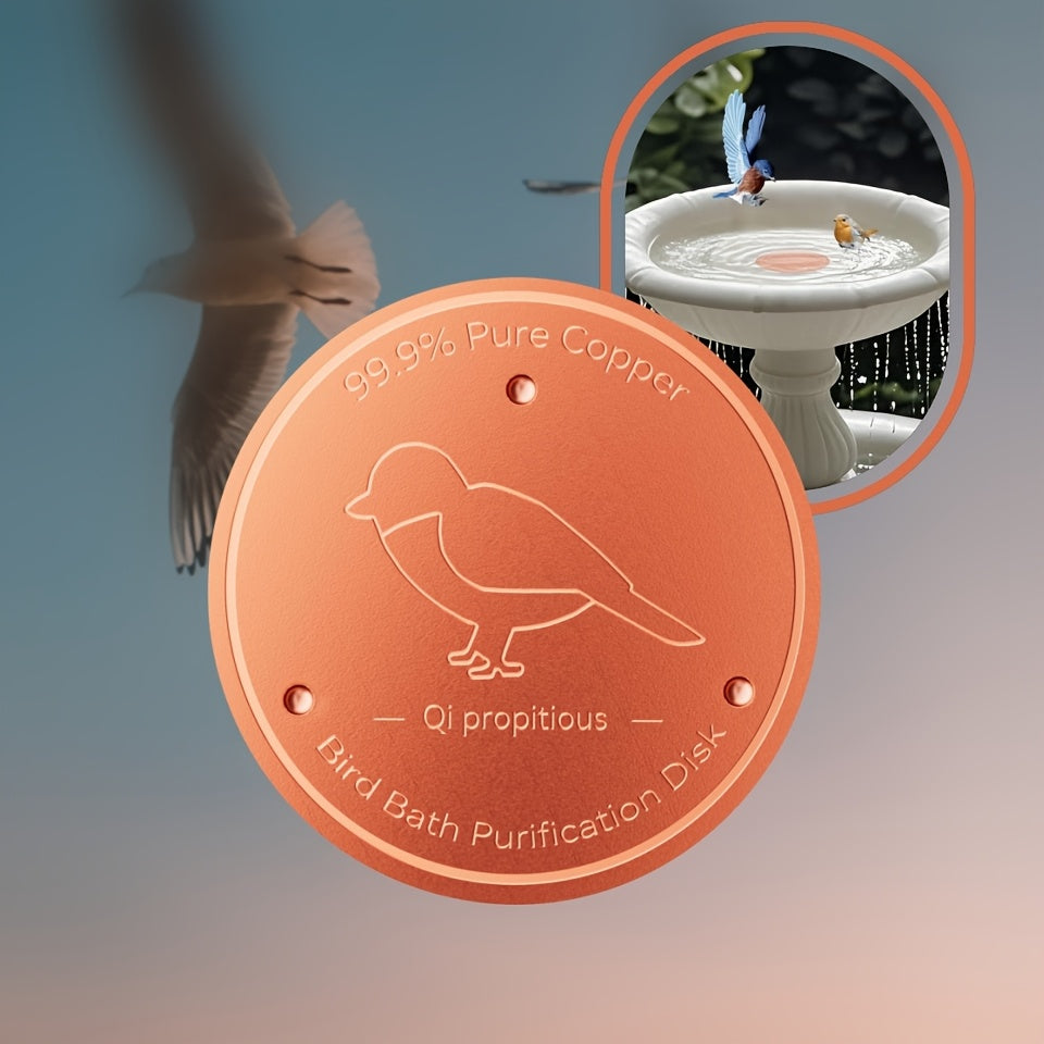 Disque de purification en cuivre et agitateur d'eau pour bain d'oiseaux, 99 % cuivre pur, rond de 10 cm, support renforcé à trois points de 1 mm pour une eau propre et sûre – Ajustement universel pour bassin d'oiseaux extérieur, toutes saisons