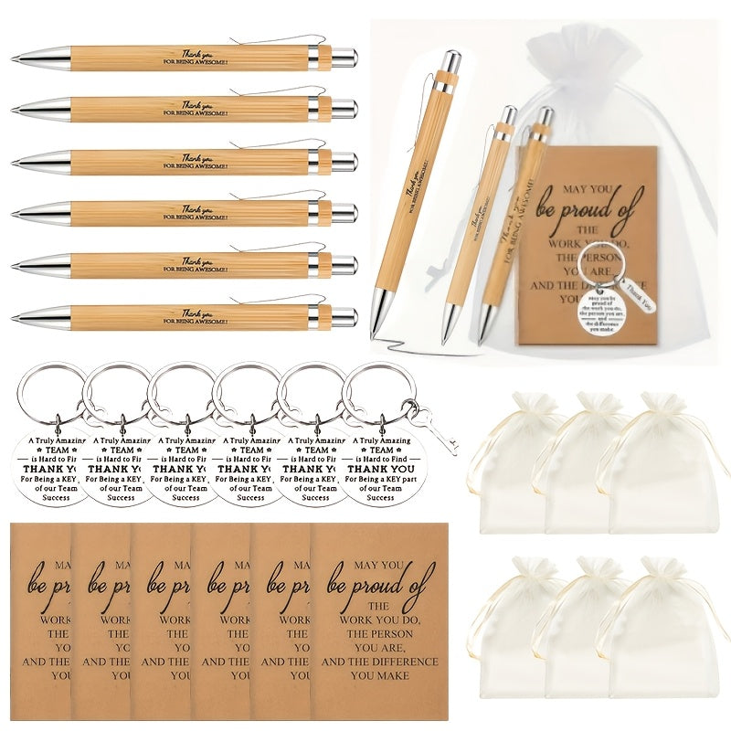 Ensemble cadeau inspirant de 24 pièces : stylo rétractable en bambou, porte-clés, carnet de gratitude et sac cadeau, cadeaux d'appréciation en gros pour employés, enseignants, Thanksgiving et Noël