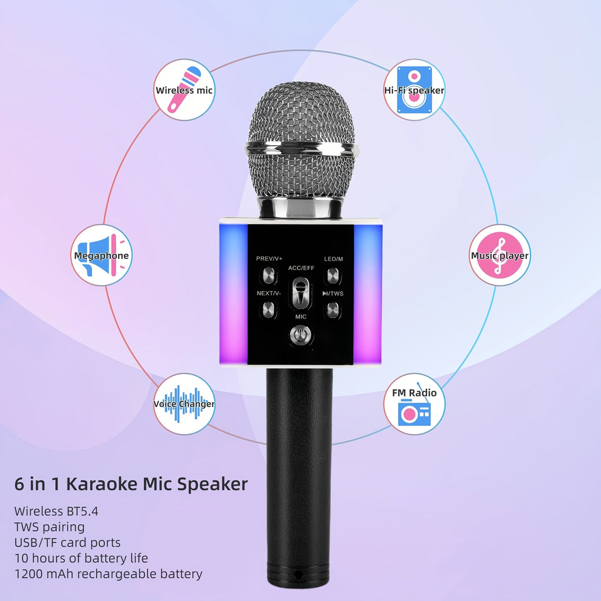 Microphone karaoké sans fil 5-en-1 avec haut-parleur intégré, lumières LED et changeur de voix – Micro de chant Bluetooth portable pour fêtes, réunions de famille, voyages et activités en plein air, 10 couleurs
