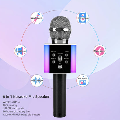 Microphone karaoké sans fil 5-en-1 avec haut-parleur intégré, lumières LED et changeur de voix – Micro de chant Bluetooth portable pour fêtes, réunions de famille, voyages et activités en plein air, 10 couleurs