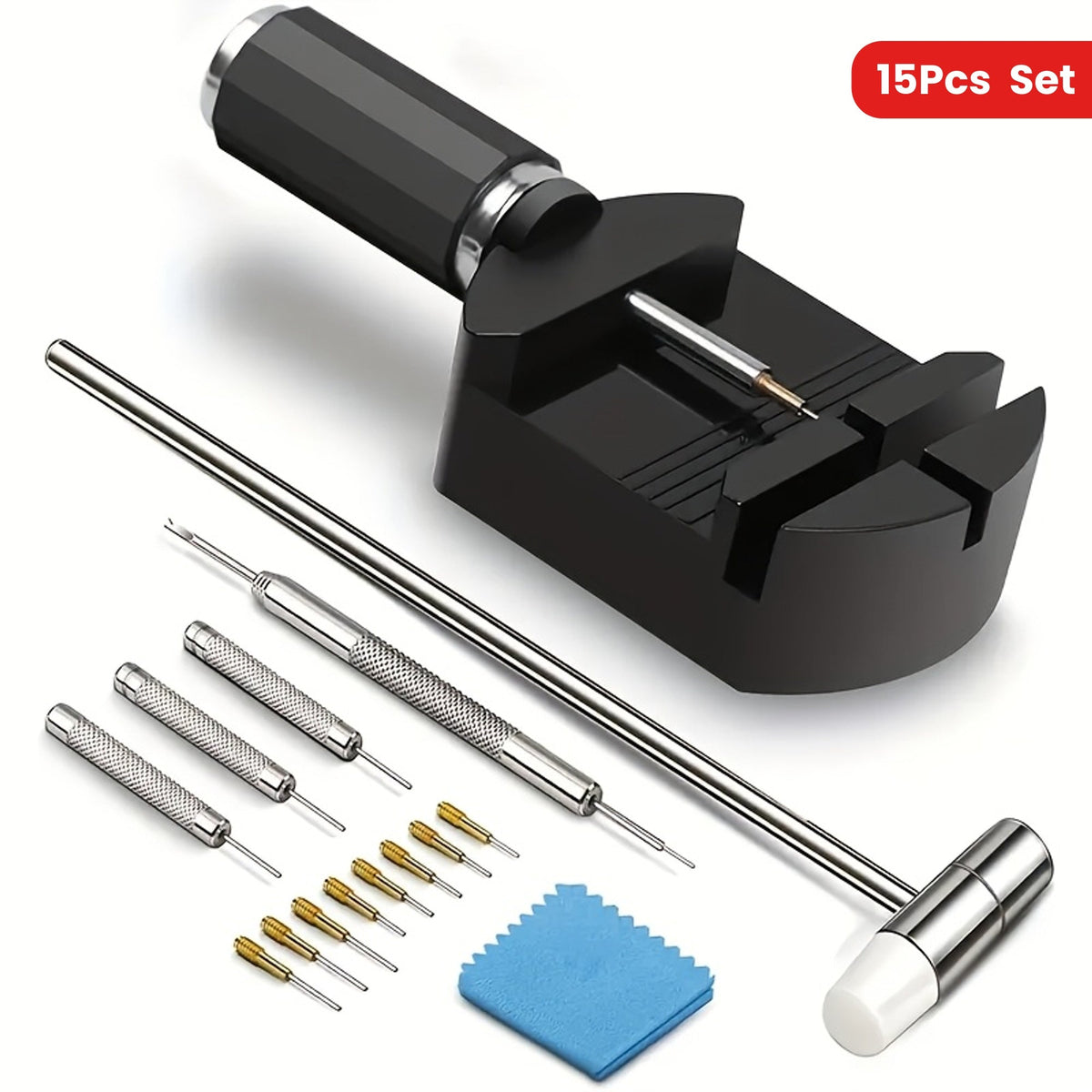 Kit de 15 outils professionnels pour le retrait de bracelets de montre – Chasse-goupilles en acier inoxydable avec socle en plastique, aucun assemblage requis, adapté au réglage et à la réparation de bracelets de montre à domicile