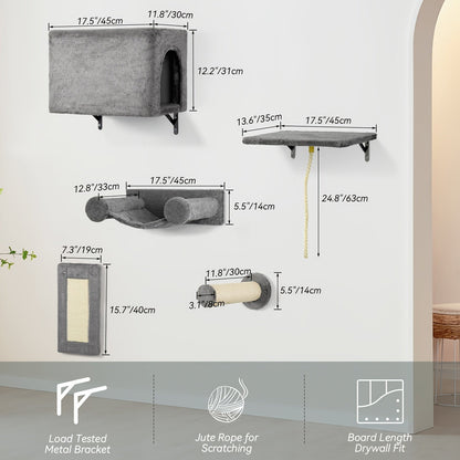 Ensemble de 5 étagères murales pour chats - Perchoir, grimpeur et pont flottants pour chats, mobilier moderne pour chats d'intérieur, alternative à l'arbre à chat avec plateforme de couchage, maison pour chat gain de place
