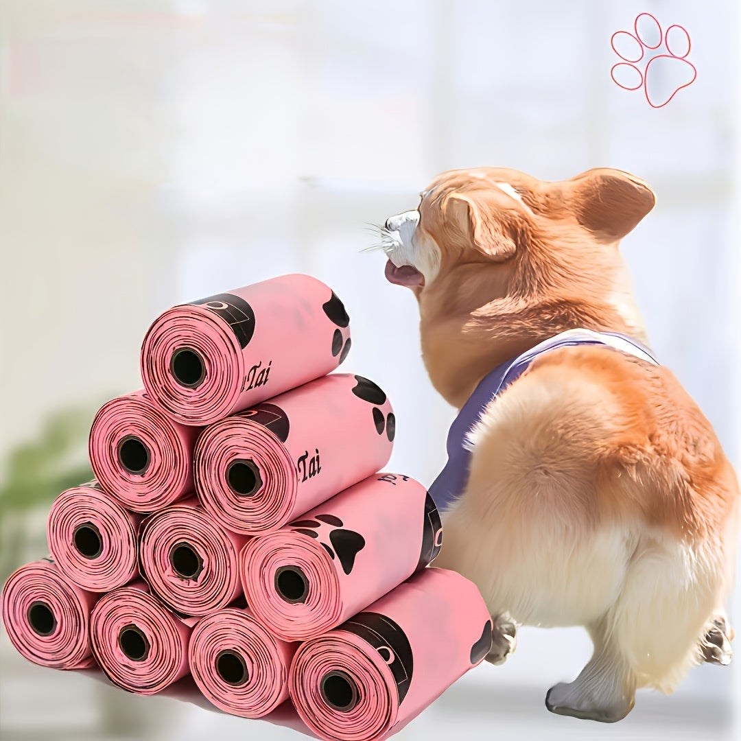 Sacs à déjections canines avec motif d'empreintes de pattes – 15 rouleaux/225 sacs épais et étanches pour chiens et chats, rouleaux prédécoupés faciles à détacher, portables pour les promenades et le nettoyage en extérieur, motif pattes de chat rose