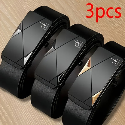 Lot de 3 ceintures pour hommes en cuir de vachette véritable avec boucle automatique en alliage – Ceintures habillées style « business casual » pour homme, réglables et durables, cadeau idéal pour lui