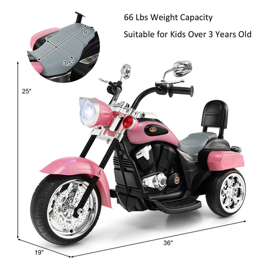 Moto chopper électrique 3 roues 6V pour enfants – Rose avec phare, capacité 30 kg, 2,5-3 km/h, cadeau de voiture électrique amusant pour garçons et filles de 3 ans et plus