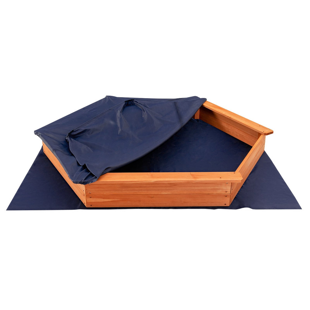 Bac à sable hexagonal en bois de cèdre pour enfants avec couvercle en tissu Oxford résistant aux intempéries, trois bancs et tapis de sol, 185 x 163 cm, pour jardins, cours et plages, convient à 4 à 6 enfants, couleur naturelle