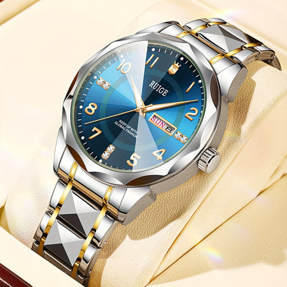 Montre à quartz pour homme RUIGE – Veilleuse, double calendrier, cadran à facettes façon diamant, boîtier en acier inoxydable, bracelet en alliage, montre-bracelet business décontracté, cadeau idéal pour la fête des pères