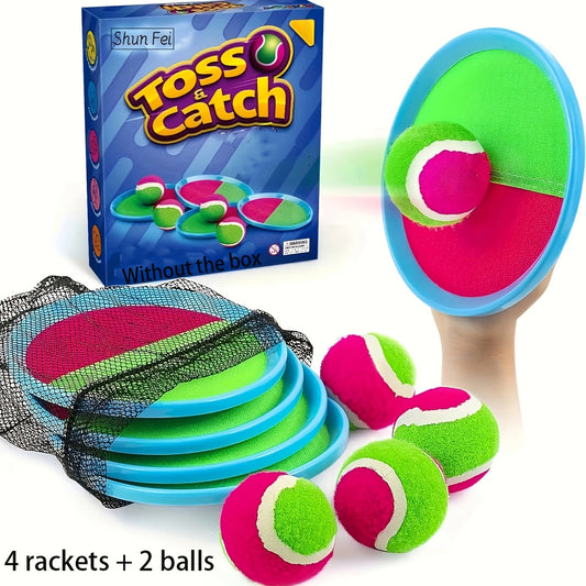 Kids Toss and Catch Ball Game Set with Rackets - 4 Rackets & 2 Balls Outdoor Backyard Beach Sport Toy for Family Fun, Durable Plastic Active Play Set for Boys Girls Ages 3+, Easter Birthday Gift