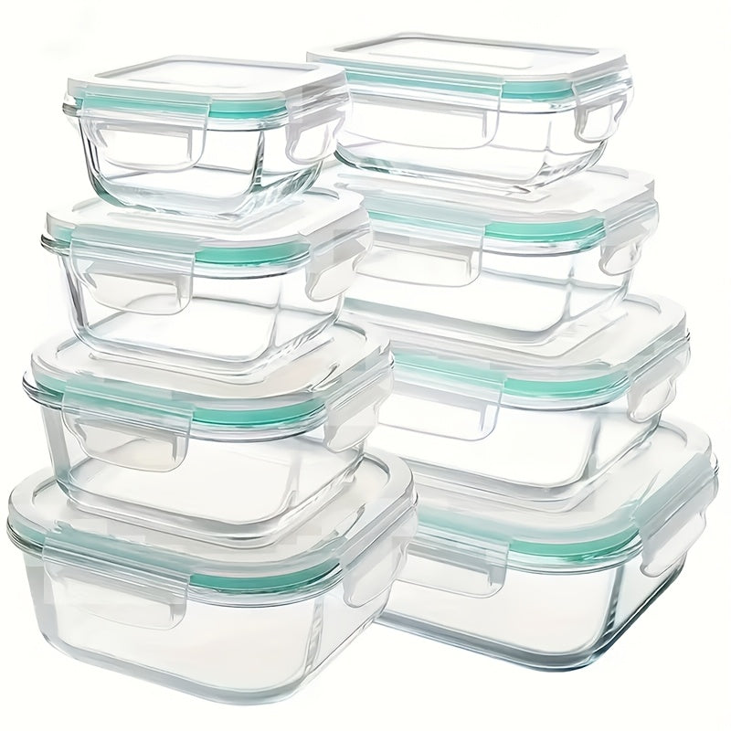 Ensemble de 16 récipients alimentaires en verre hermétiques – 8 couvercles et 8 récipients, compatibles micro-ondes et four, sans BPA, parfaits pour la préparation des repas, salades, fruits, légumes, sandwichs et pique-niques en extérieur