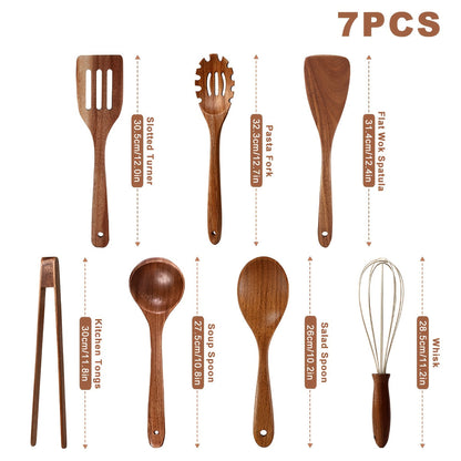 Ensemble d'ustensiles de cuisine en bois 3/5/7 pièces, cuillères, spatules, spurtle, louche et spatule à wok en bois naturel avec poignées ergonomiques, outils de cuisine robustes, résistants à la chaleur et sans danger pour les revêtements antiadhésifs