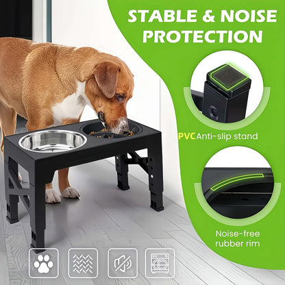 Support de gamelle réglable en hauteur avec gamelle anti-glouton et bol en acier inoxydable – Station de nourriture pliable à 5 niveaux pour chiens et chats de taille moyenne à grande, noir et rose