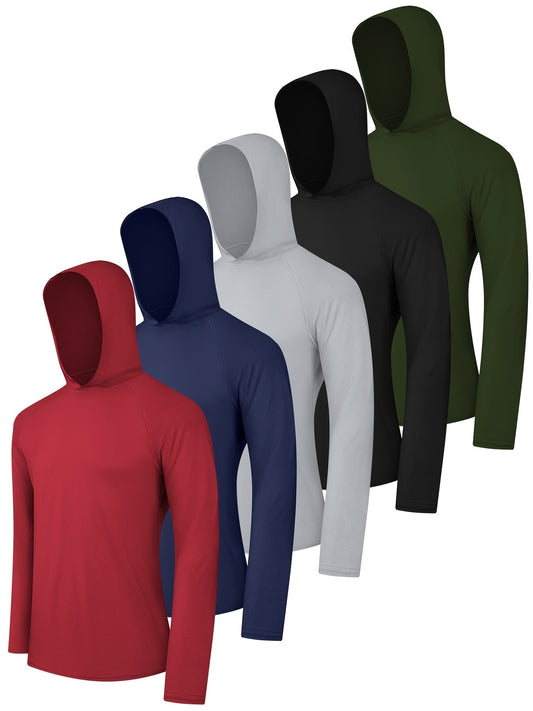 Lot de 5 chemises de pêche à manches longues avec capuche pour homme – Rashguards de sport légers, sweats à capuche avec protection solaire UPF pour la pêche, la randonnée et les sports de plein air, tailles S à XXL, 3 ensembles de couleurs