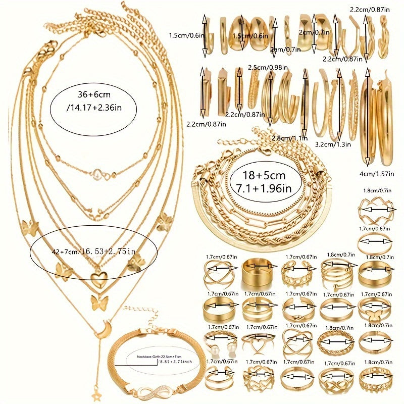 Ensemble de 57 bijoux bohèmes pour femme - Bracelets, bagues, bracelets de cheville, boucles d'oreilles et colliers, accessoires élégants en superposition dorés et argentés pour le quotidien, les vacances, la plage, les festivals et comme cadeau
