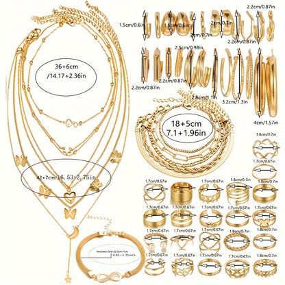 Ensemble de 57 bijoux bohèmes pour femme - Bracelets, bagues, bracelets de cheville, boucles d'oreilles et colliers, accessoires élégants en superposition dorés et argentés pour le quotidien, les vacances, la plage, les festivals et comme cadeau